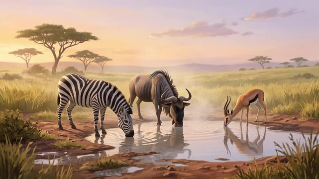 Wildlife Scene with Zebras and Giraffes Drinking Water at Sunset.