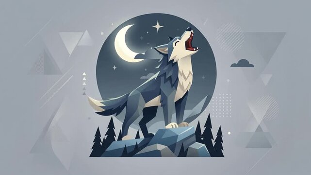 Stylized Wolf Howling at the Moon in a Night Landscape.