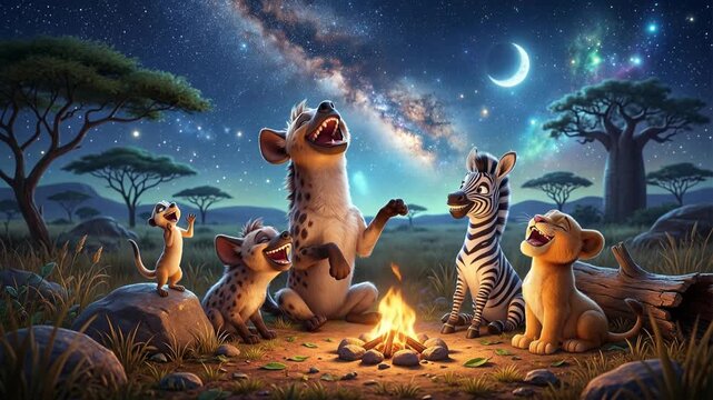 Animated African Safari Animals Gathered Around Campfire Under Starry Night Sky.