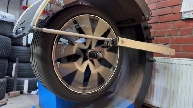 Auto mechanic uses tire balancing machine and turning tire. Mechanic balancing wheel with machine balancer at service. Tyre rotation at balance machine tire. Tire changer. 