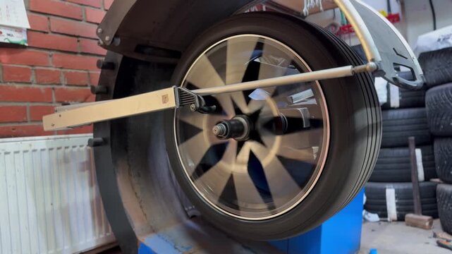 Auto mechanic uses tire balancing machine and turning tire. Mechanic balancing wheel with machine balancer at service. Tyre rotation at balance machine tire. Tire changer. 