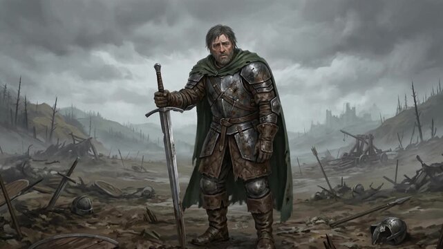 Brave Knight Standing in a Desolate Battlefield with Sword.