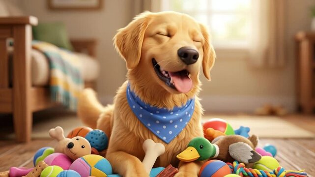 Happy Golden Retriever with Blue Bandana Surrounded by Pet Toys.