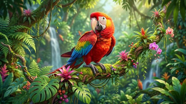 Vibrant animation of colorful parrot perched on tropical branch in lush jungle environment showcasing exotic wildlife nature view