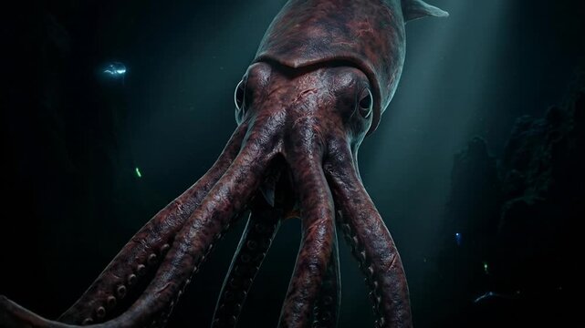 Deep-sea giant squid animation showcasing tentacles and marine life in dark underwater environment with realistic perspective and aquatic atmosphere
