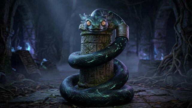 Animation of ancient mythological serpent coiled around mystical artifact in dark enchanted forest environment, close-up viewpoint with magical atmosphere