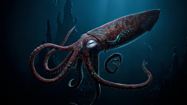 Deep-sea animation of giant squid in dark ocean environment, underwater view showcasing marine creature&rsquo;s tentacles and natural habitat vividly