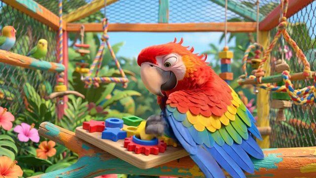 Colorful parrot animation painting in tropical aviary, vibrant birds interacting with nature, detailed 3D illustration, vivid environment, close-up viewpoint