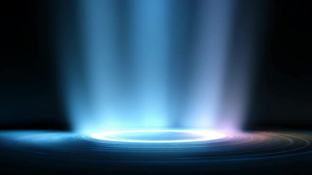 Radiant blue light beam illuminates circular platform, surrounded by swirling energy, subtle reflections. This abstract scene suggests futuristic design, digital innovation, creative inspiration