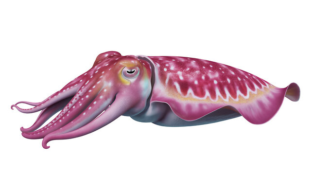 Pink cuttlefish with white spots and tentacles isolated on a transparent background