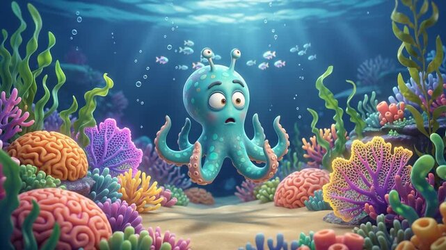 Underwater animation showcasing a curious octopus exploring vibrant coral reef marine life from a wide-angle ocean floor viewpoint