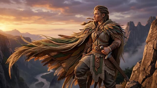 Epic animation of warrior hero standing on mountain cliff at sunset, exploring vast landscape with flowing hair and detailed armor, panoramic outdoor view