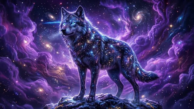Mystical Cosmic Wolf Animation Standing on Rocky Outcrop in Vibrant Galactic Night Sky Landscape View with Celestial Stars and Nebula