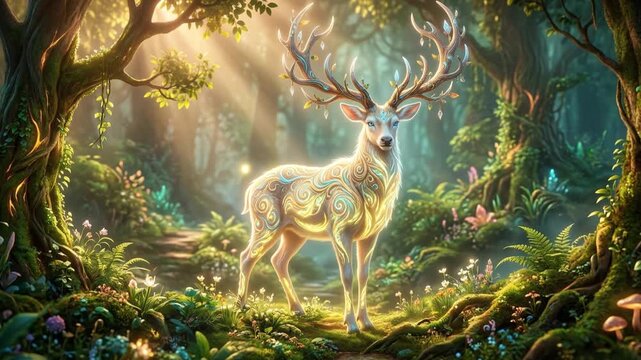 Magical glowing stag animation in enchanted forest scene, fantasy wildlife, nature environment, vibrant illustration, mystical viewpoint, detailed concept art