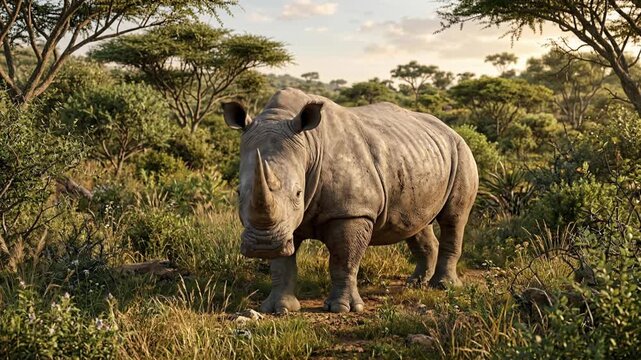 Close-up animation of a wild rhinoceros standing in dense African savanna vegetation, natural wildlife environment from ground-level viewpoint
