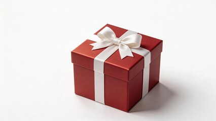 Obraz premium Red gift box with white ribbon on plain background 