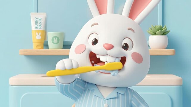 Animated rabbit brushing teeth in bathroom sink scene, cute character animation, children&rsquo;s hygiene concept, pastel interior, close-up viewpoint, digital illustration