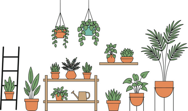 Indoor house plants vector illustration set featuring potted greenery hanging baskets and succulents on wooden shelves for home garden decor and lifestyle design.
