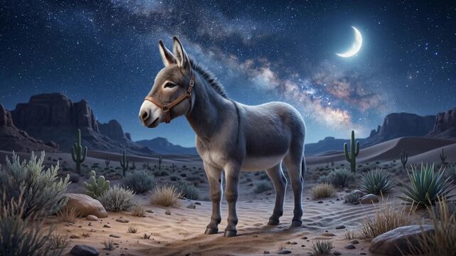 Nighttime desert animation featuring a detailed donkey standing under crescent moon in a rocky arid landscape with starry sky, wide-angle view, serene concept