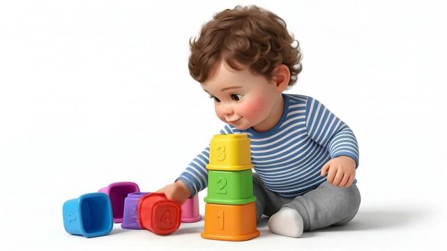 Toddler playing with colorful stacking cups on floor, animation style, indoor home environment, side view capturing playful learning and curiosity
