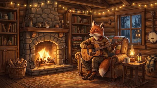 Cozy animation of a fox playing guitar by the fireplace in a warm cabin living room at night, charming indoor scene with detailed wood and firelight view