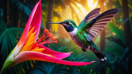 Obraz premium A vibrant hummingbird hovers near a colorful flower in a lush, tropical setting, illuminated by warm sunlight.