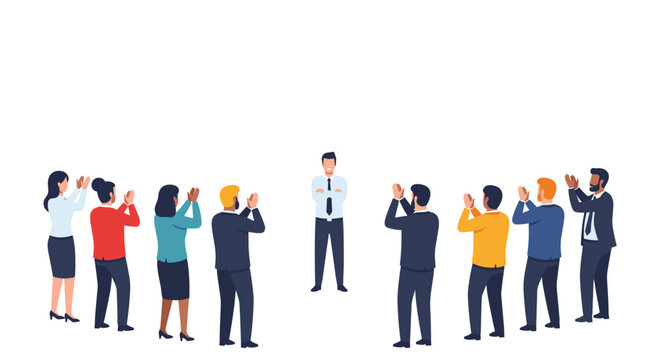 A man with crossed arms stands center, being applauded by a diverse group of ten people in business attire on a white background.