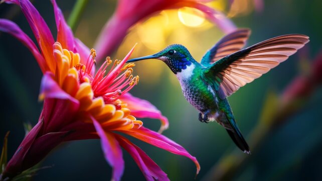 A vibrant hummingbird hovers delicately over a colorful flower, showcasing nature's beauty and intricate details in a magical setting.
