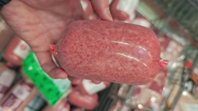 Exploring packaged ground meat in local grocery store in the afternoon