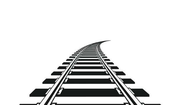 A curving railway track extends into the distance on a white background