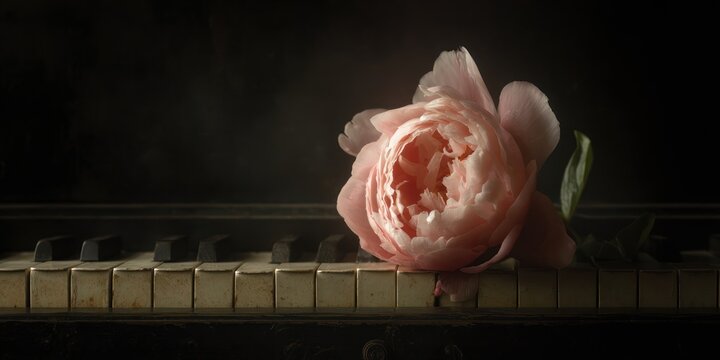 A pink rose rests gently on an antique piano, evoking a sense of nostalgia