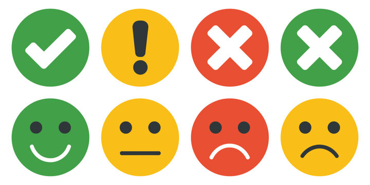 Colorful round icon set including green check marks, red crosses, yellow alert symbols, and feedback emoticons, flat button collection, user interface elements, approval and warning signs, expressive 