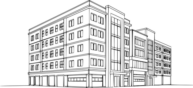 Multi- storey apartment building, office center or industrial building in continuous line art drawing style. Black linear sketch isolated on white background. Vector illustration See Less
