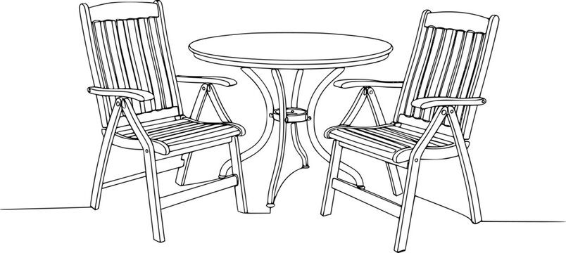  Garden chairs and table in continuous line art drawing style. Classic style dining room furniture black linear sketch isolated on white background. Vector illustration
