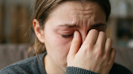 Fototapeta premium Close-up of a Distressed Young Woman Crying with a Tear, Expressing Sadness and Emotional Pain