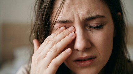 Fototapeta premium Young Woman Suffering from Eye Irritation, Rubbing Red and Swollen Eye with Discomfort and Pain
