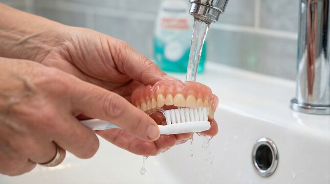 Person Brushing Dentures Under Running Water in a Bathroom Sink for Oral Hygiene and Dental Care
