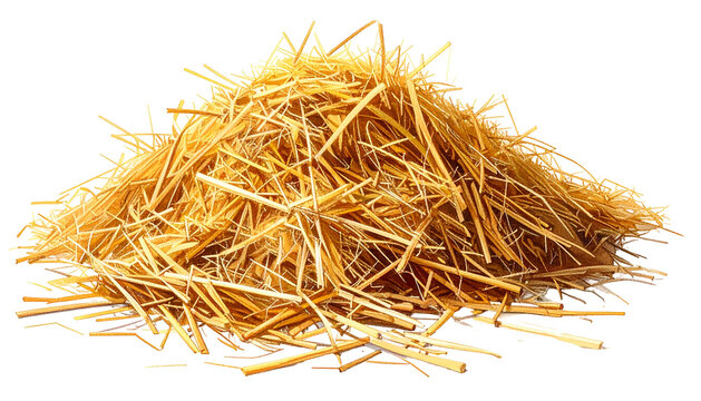 A pile of golden, dried straw with individual stalks, viewed against a transparent background