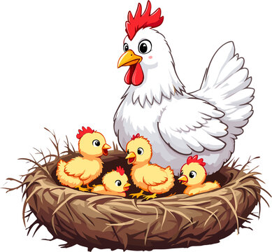 Mother hen with chicks in nest cute farm animal illustration with baby chickens and eggs cozy countryside scene isolated on white background