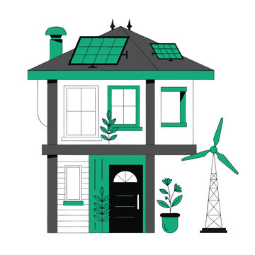 "Sustainable eco house with solar energy panels and wind turbine illustration."