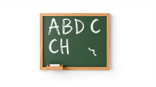 Small chalkboard displays handwritten letters. Simple classroom tool, education concept, learning material, wooden frame visible.