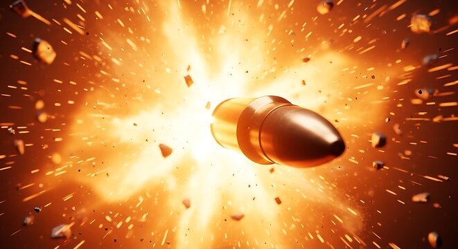 A bullet explodes mid-air, surrounded by fiery particles and debris against a bright light