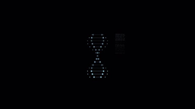 Futuristic DNA interface with digital helix structure and data elements on dark background. Ideal for biotech visuals, medical concepts, and sci-fi overlays.
