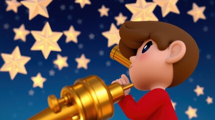 Fototapeta premium Child looks through telescope. Night sky filled with bright stars. Golden instrument, dark background, whimsical illustration.