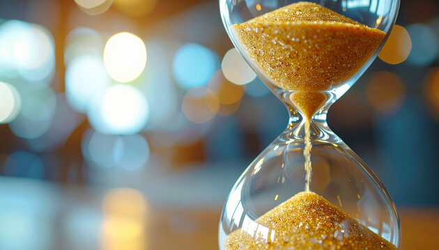 Hourglass with sand streaming between bulbs, blurred background. Time passing and urgency.