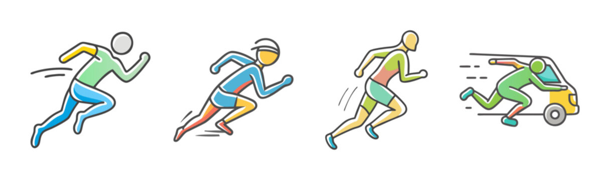Running people icons set, colorful marathon runner silhouettes, fast delivery man SVG