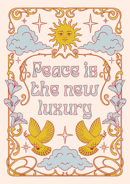 Art Nouveau Peace Poster with Sun, Doves, Clouds and Floral Ornamental Frame. Hand drawn retro style vintage illustration.