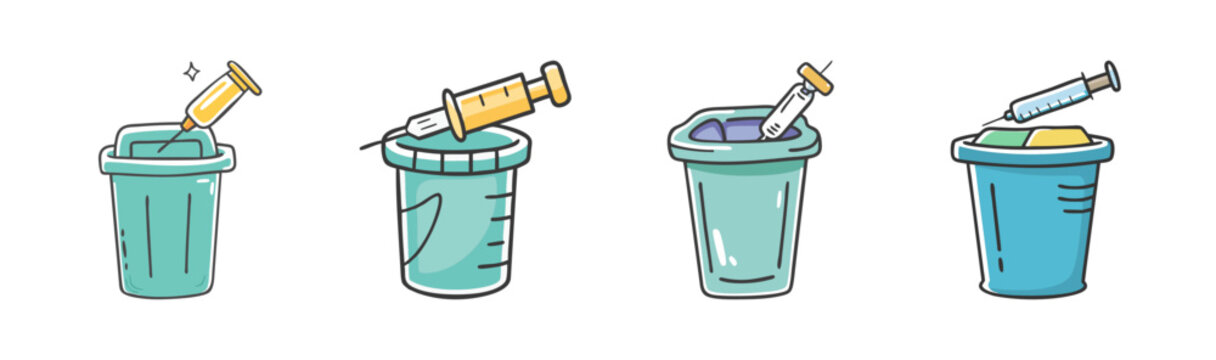 Medical waste disposal icons, clinical sharps containers, syringe safety bin svg set