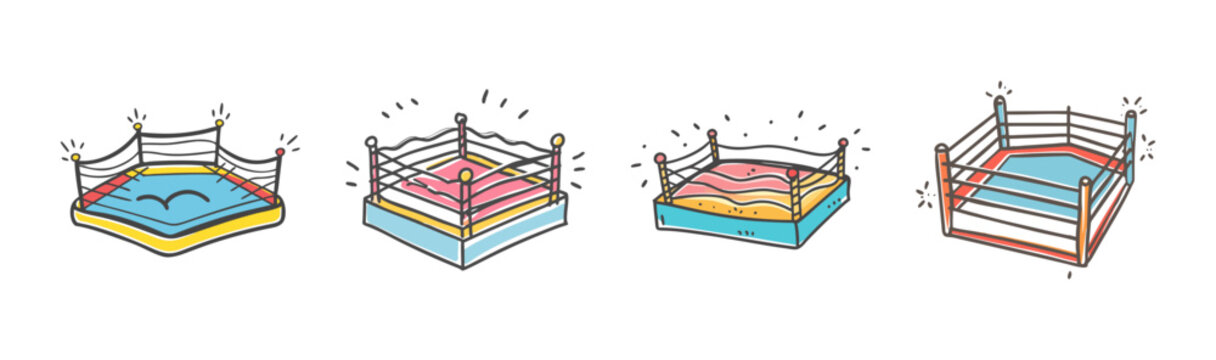 Hand drawn boxing ring set, colorful wrestling arena icons, 4 sports ring SVG elements