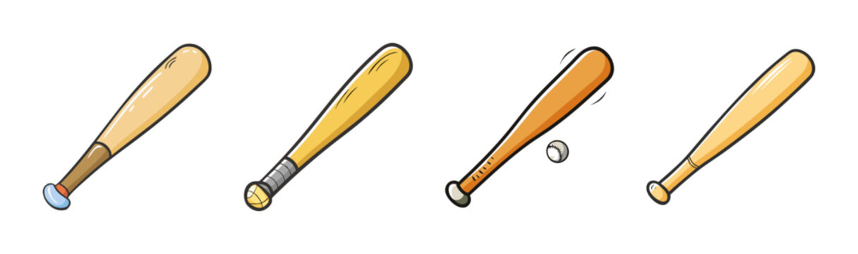Wooden baseball bat icons set, 4 cartoon sports equipment svg, brown wood bat graphics